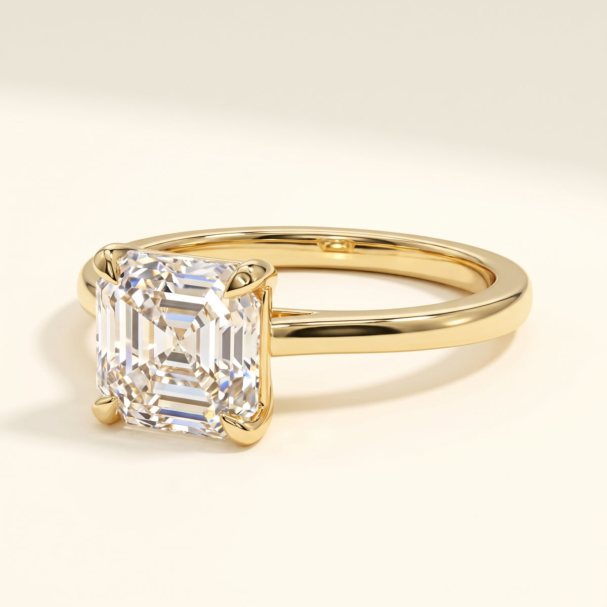 Asscher lab-grown diamond solitaire engagement ring, Yellow Gold, studio hero