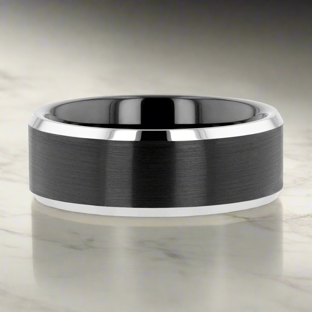 ASTON | Black Tungsten Ring, Black Brushed, Silver Beveled Edges - Rings - Aydins Jewelry - 4