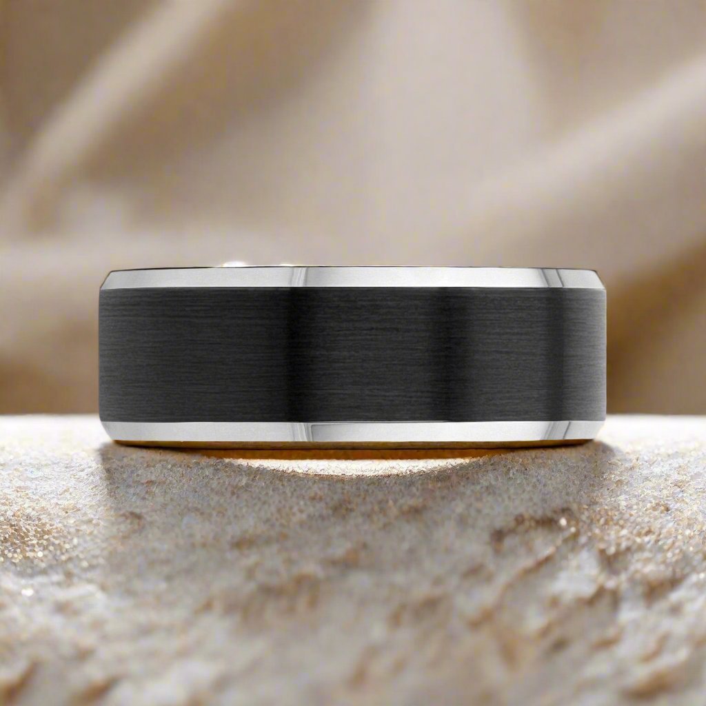 ASTON | Black Tungsten Ring, Black Brushed, Silver Beveled Edges - Rings - Aydins Jewelry - 3