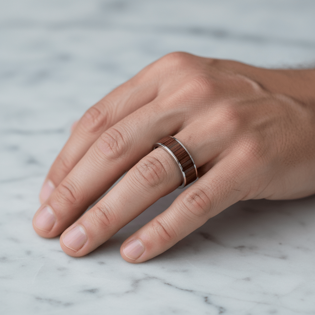 Koa Wood inlay 14k yellow gold wedding band 8mm, on the hand