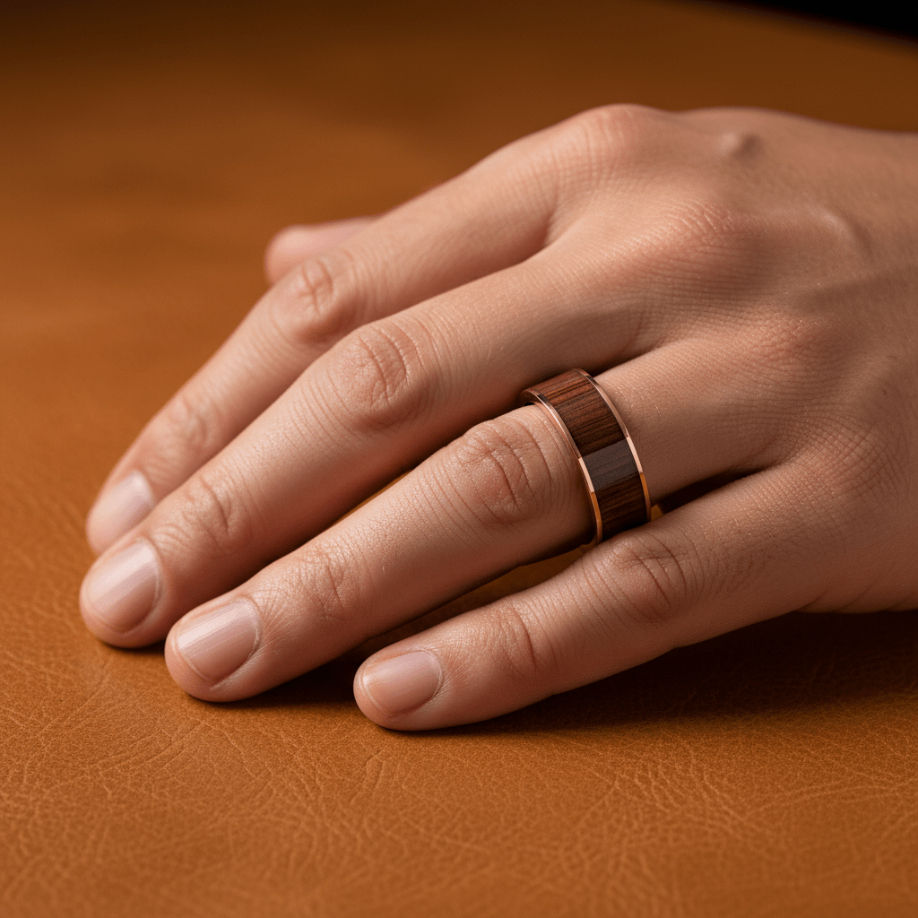 Koa Wood inlay 14k yellow gold wedding band 8mm, additional view 7