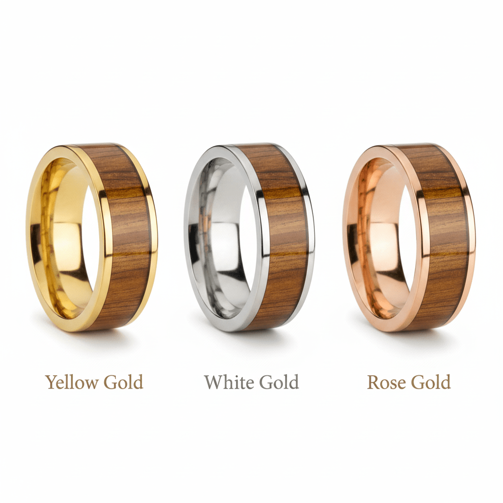 Koa Wood inlay 14k yellow gold wedding band 8mm, top view