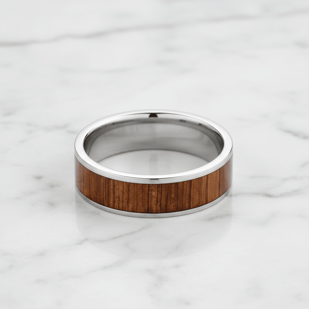 Koa Wood inlay 14k yellow gold wedding band 8mm, additional view 9