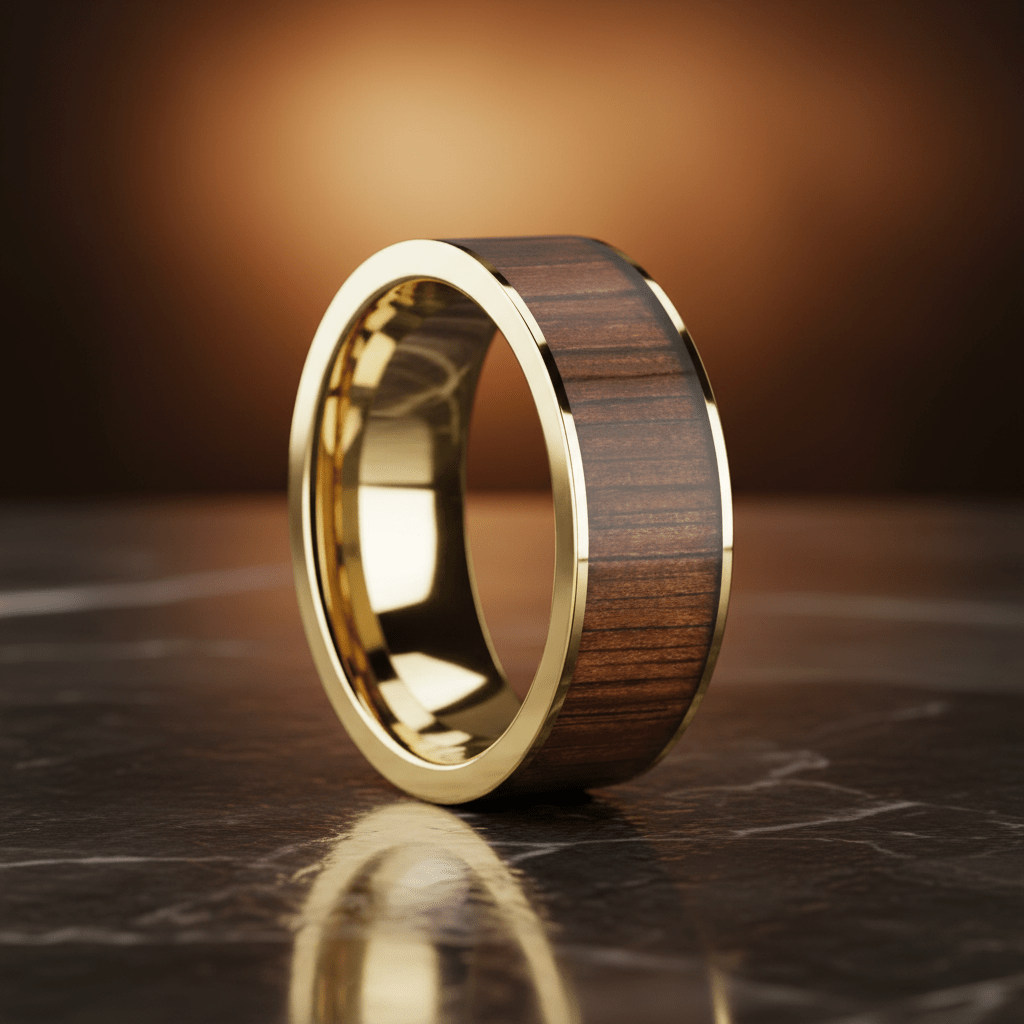Koa Wood inlay 14k yellow gold wedding band 8mm, additional view 8