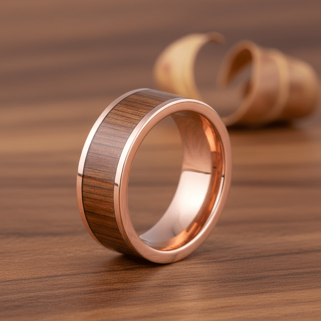 Koa Wood inlay 14k yellow gold wedding band 8mm, additional view 10