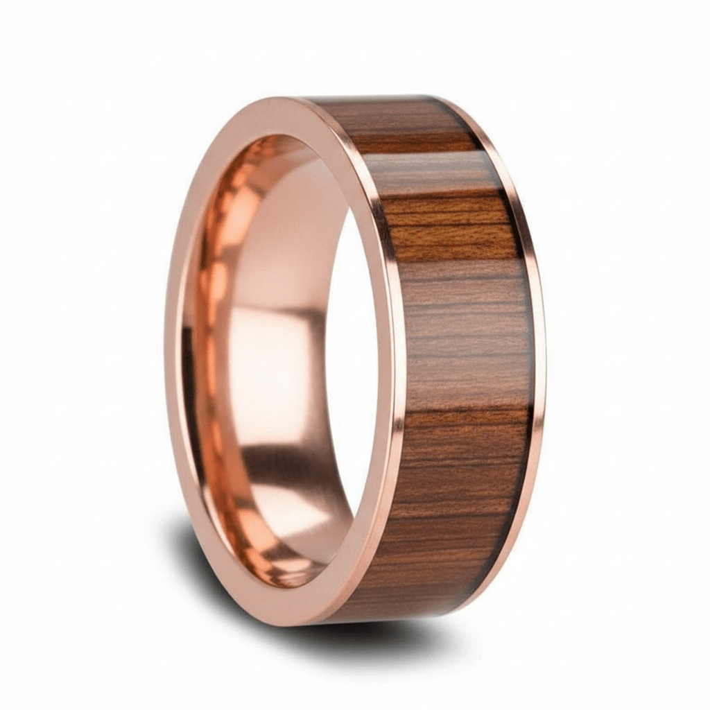 Koa Wood inlay 14k yellow gold wedding band 8mm, additional view 6
