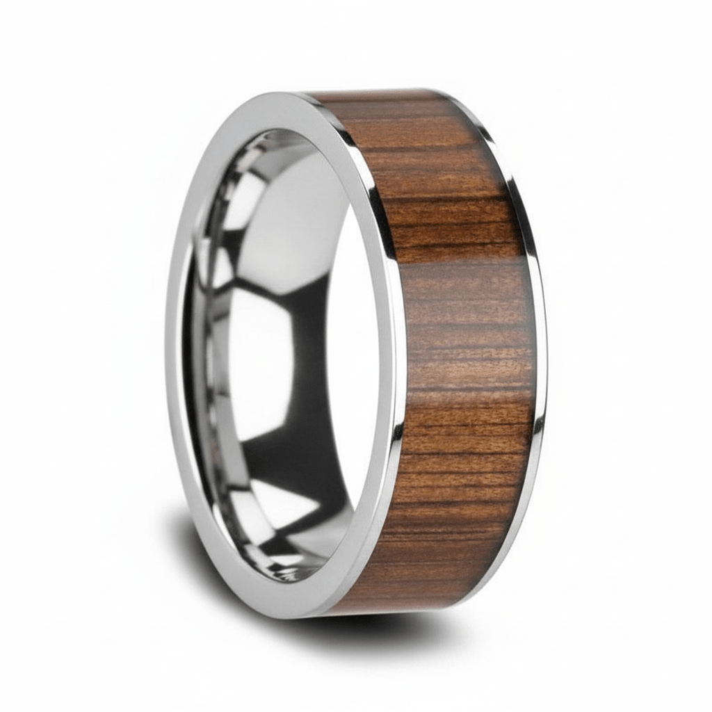 Koa Wood inlay 14k yellow gold wedding band 8mm, close-up of inlay