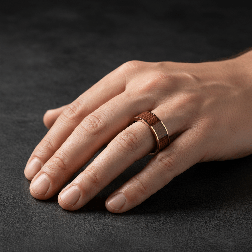 Koa Wood inlay 14k yellow gold wedding band 8mm, angled view