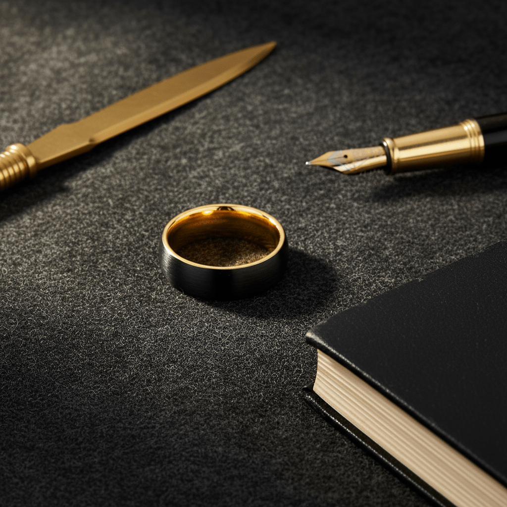 AURELIUS — Editorial masculine still life — men's tungsten wedding ring.