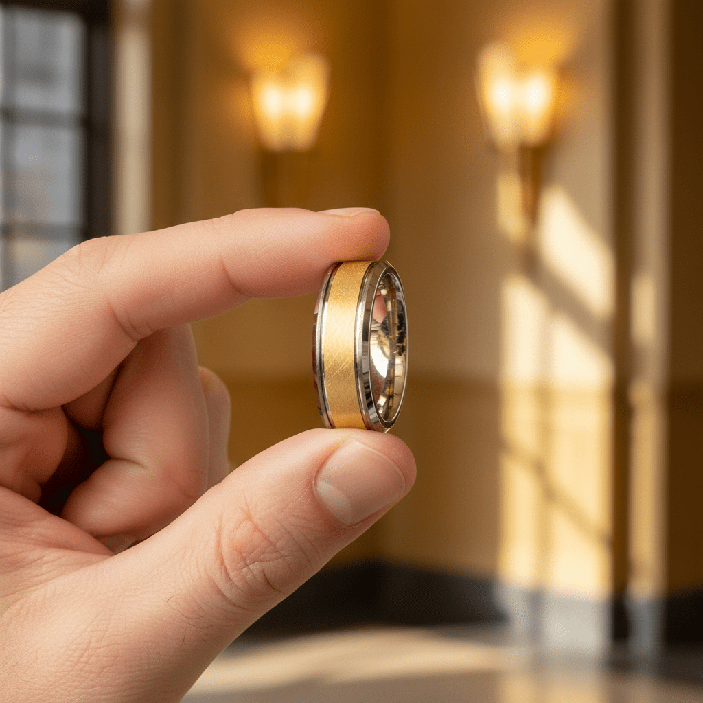 AUREON — Held between fingers close-up — men's tungsten wedding ring.