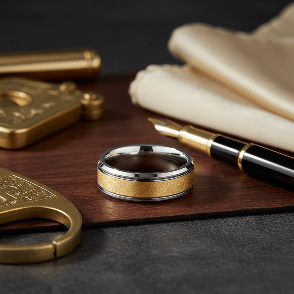 AUREON — Editorial masculine still life — men's tungsten wedding ring.