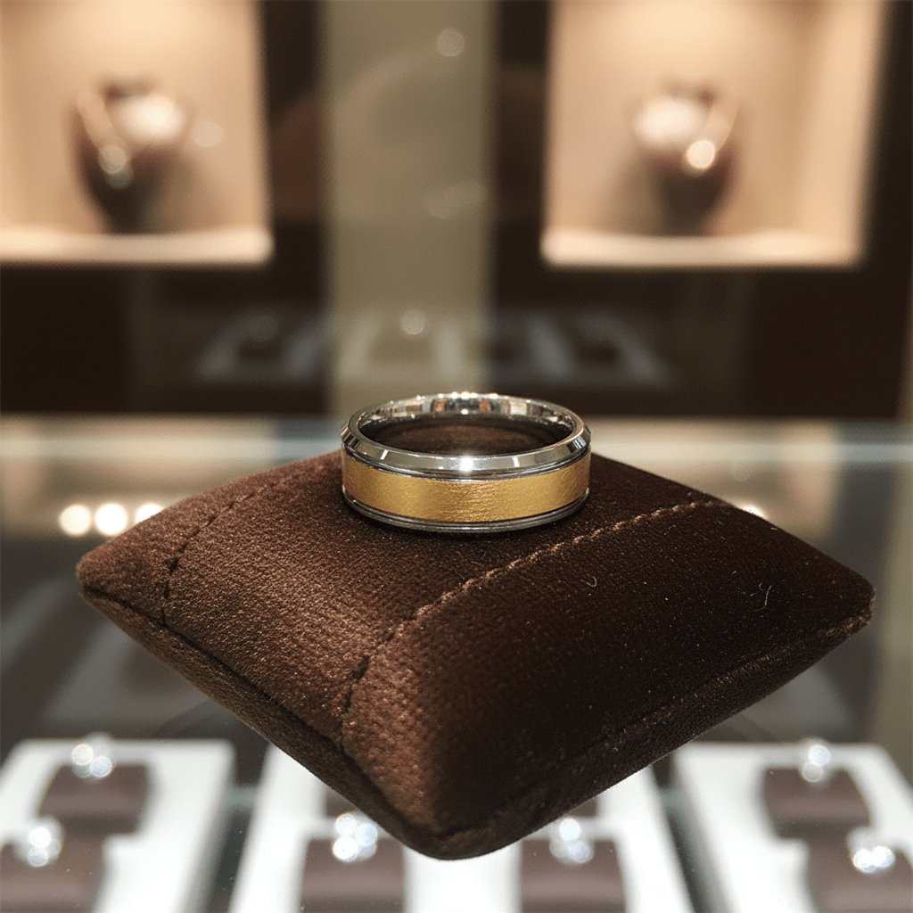 AUREON — Premium boutique display on velvet — men's tungsten wedding ring.
