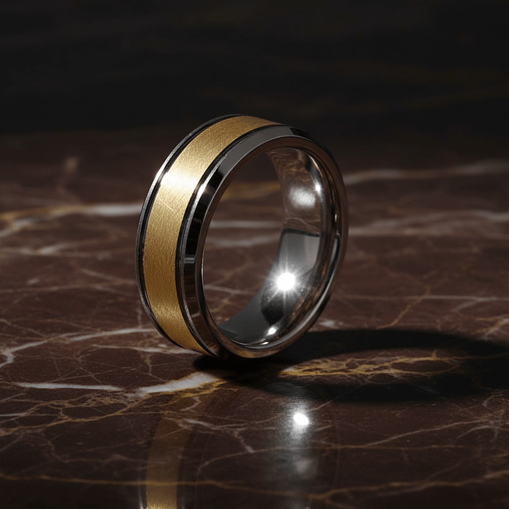 AUREON — Luxury 3/4 angle on dark marble — men's tungsten wedding ring.