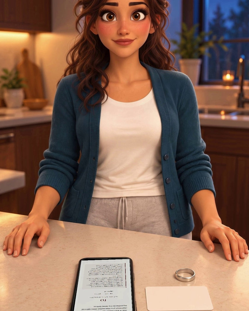 Animated still from The Borrowed Ring: Tess at the kitchen counter after sizing his ring with the Aydins Ring Sizer on her phone