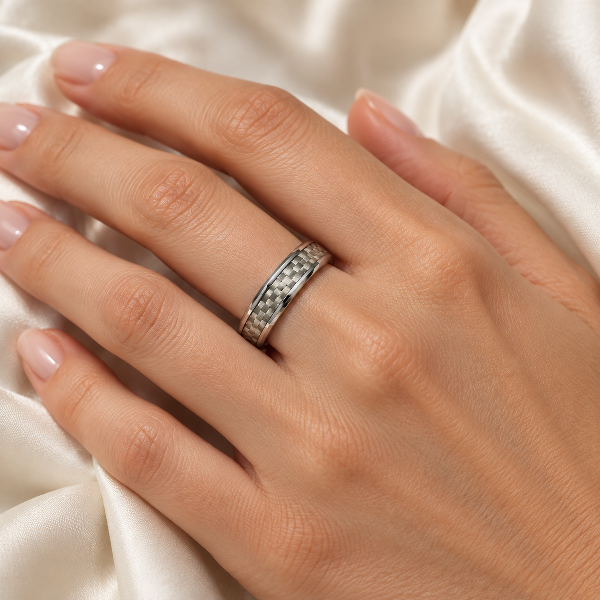 ULTIMA tungsten band with white carbon fiber, on hand