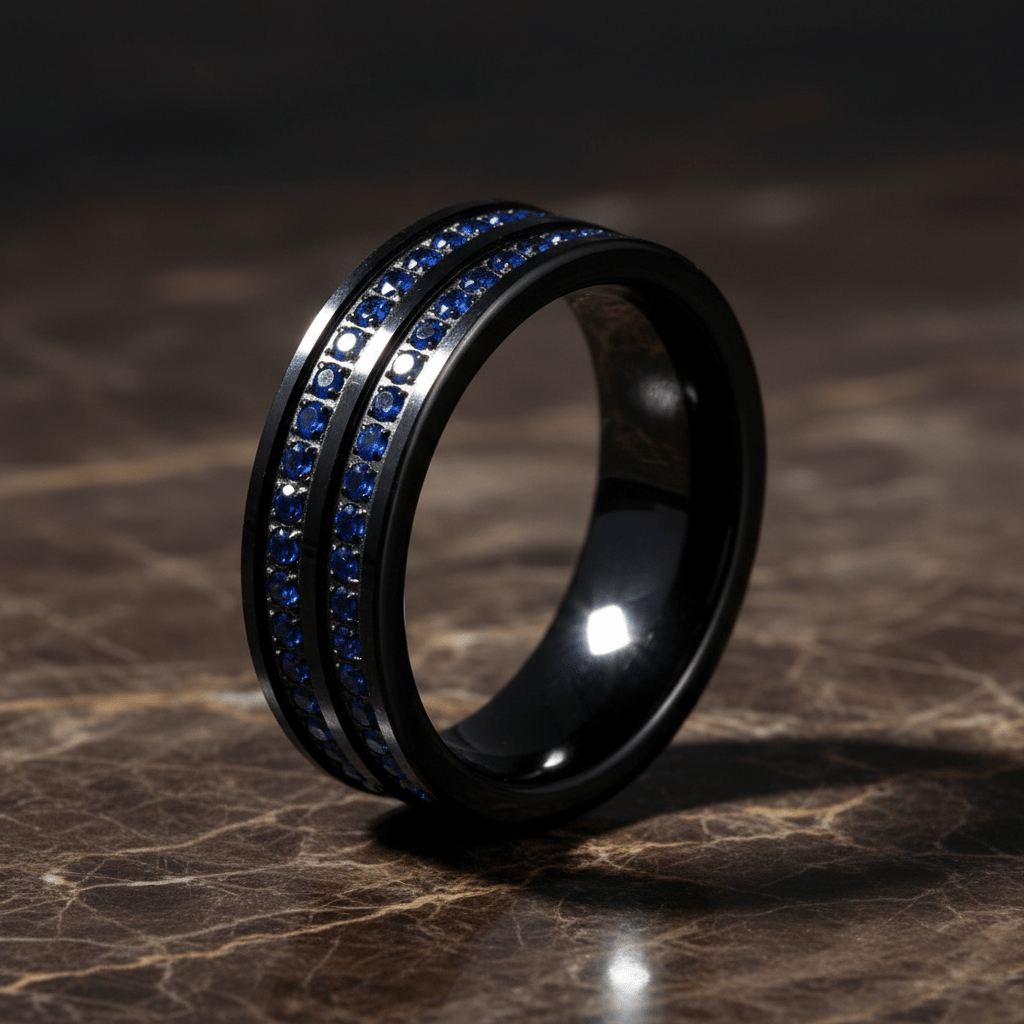 AZURON — Luxury 3/4 angle on dark marble — men's tungsten wedding ring.