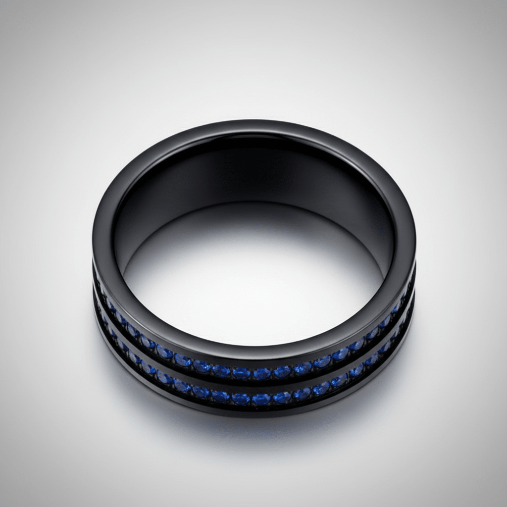 AZURON — Center-through axial view — men's tungsten wedding ring.