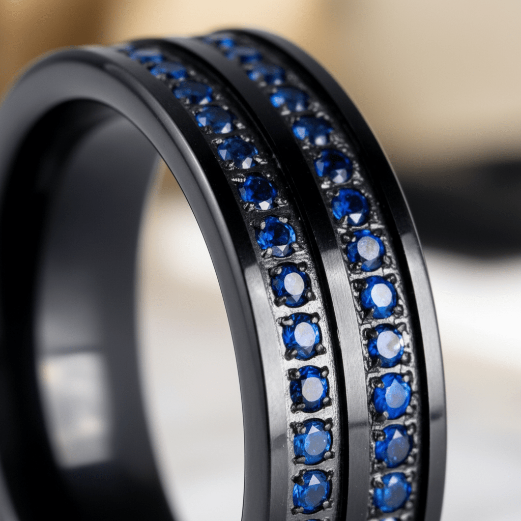 AZURON — Extreme macro detail — men's tungsten wedding ring.