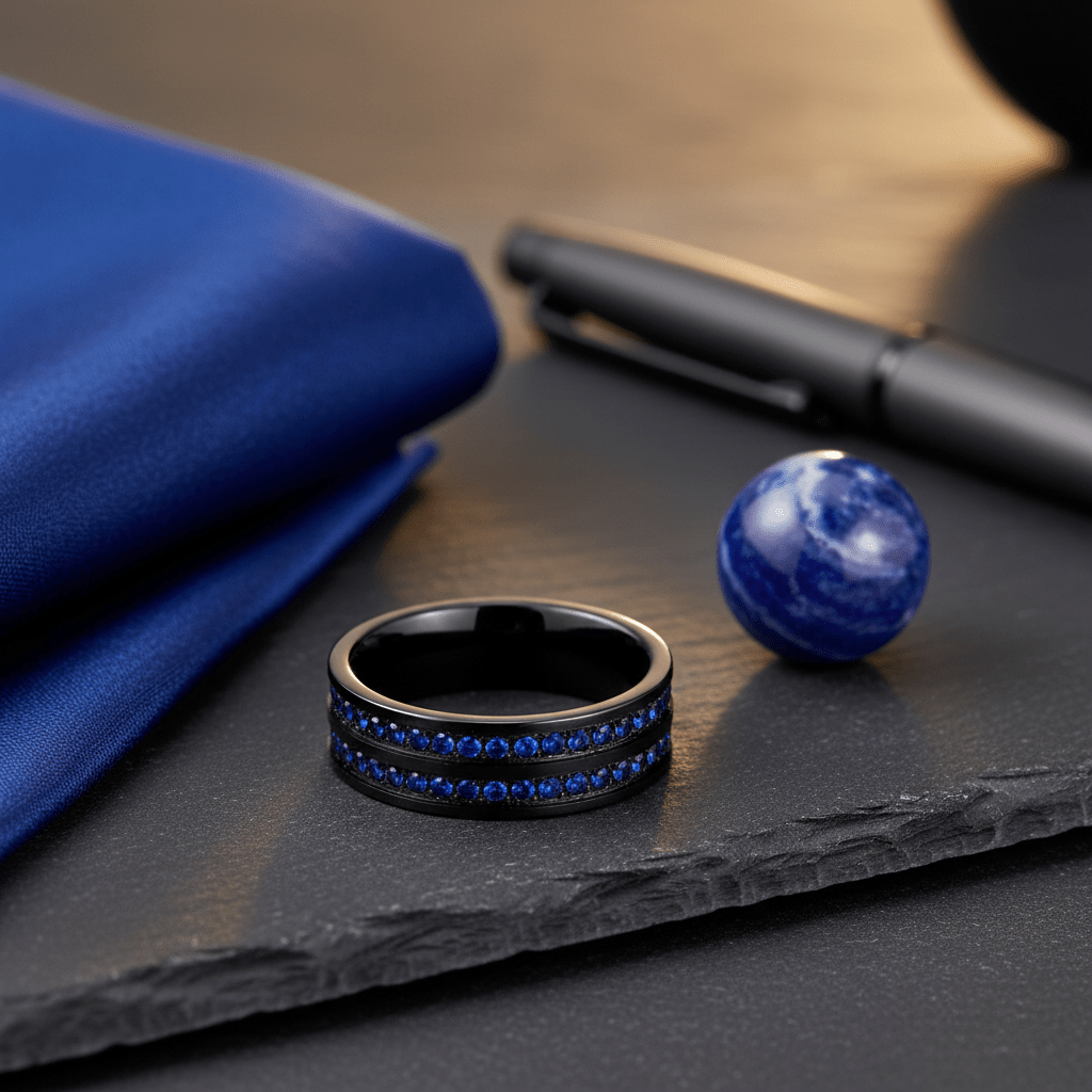AZURON — Editorial masculine still life — men's tungsten wedding ring.