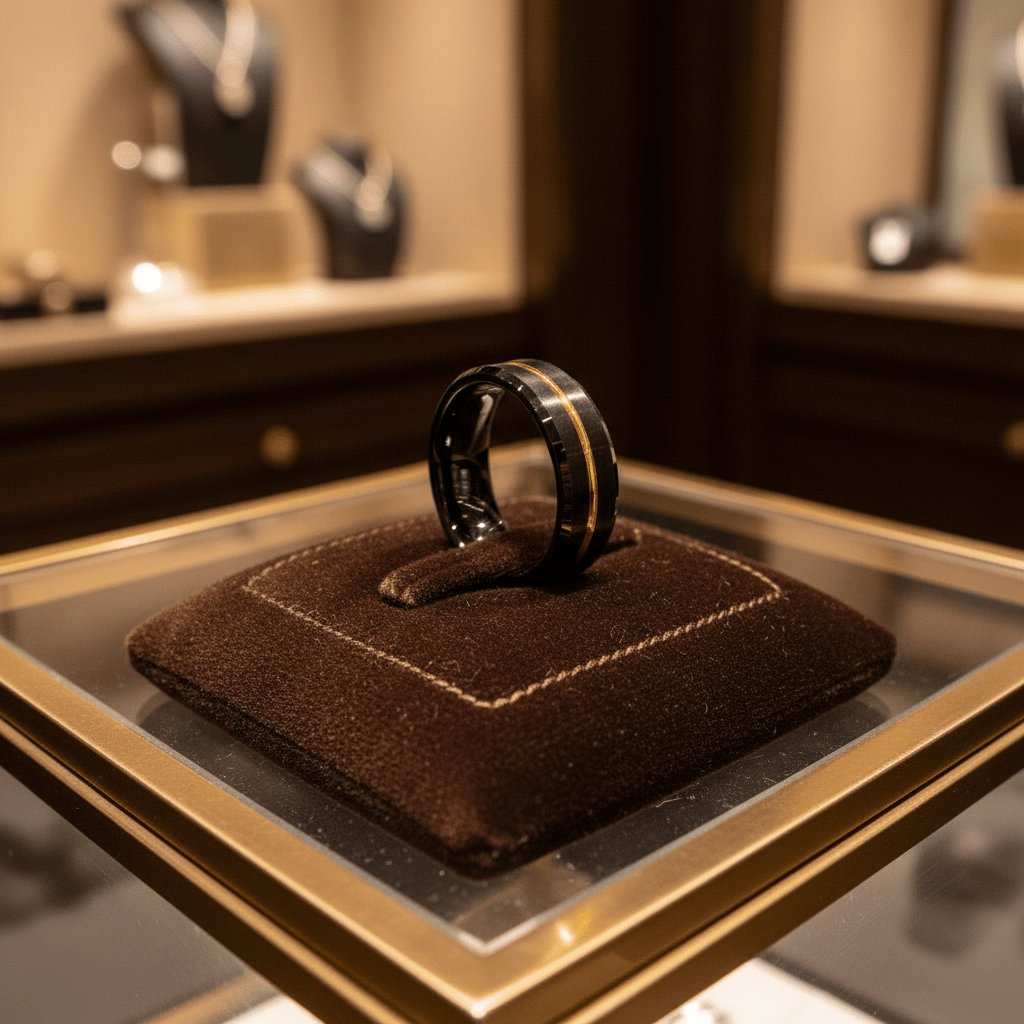 BAIR — Premium boutique display on velvet — men's tungsten wedding ring.