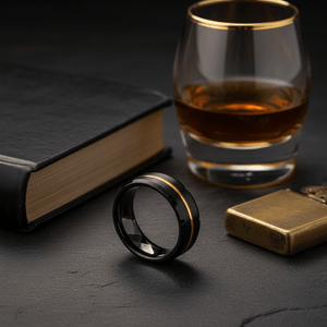 BAIR — Editorial masculine still life — men's tungsten wedding ring.