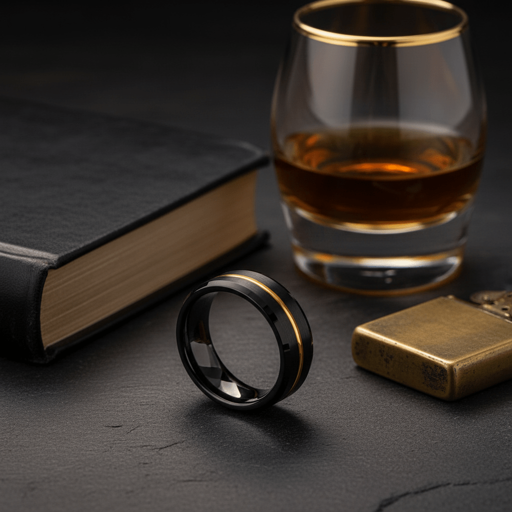 BAIR — Editorial masculine still life — men's tungsten wedding ring.