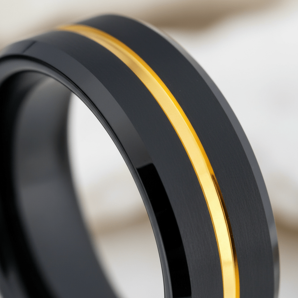 BAIR — Extreme macro detail — men's tungsten wedding ring.