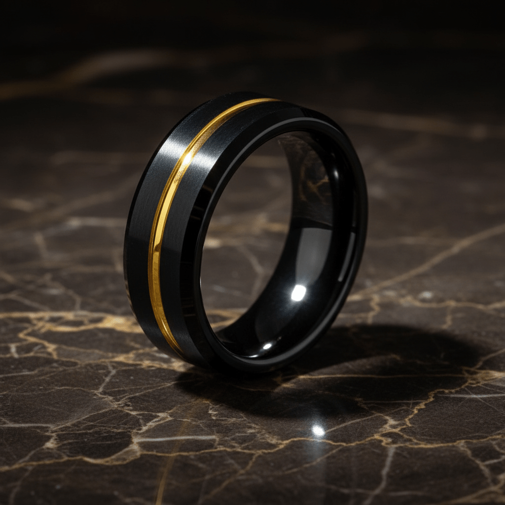BAIR — Luxury 3/4 angle on dark marble — men's tungsten wedding ring.