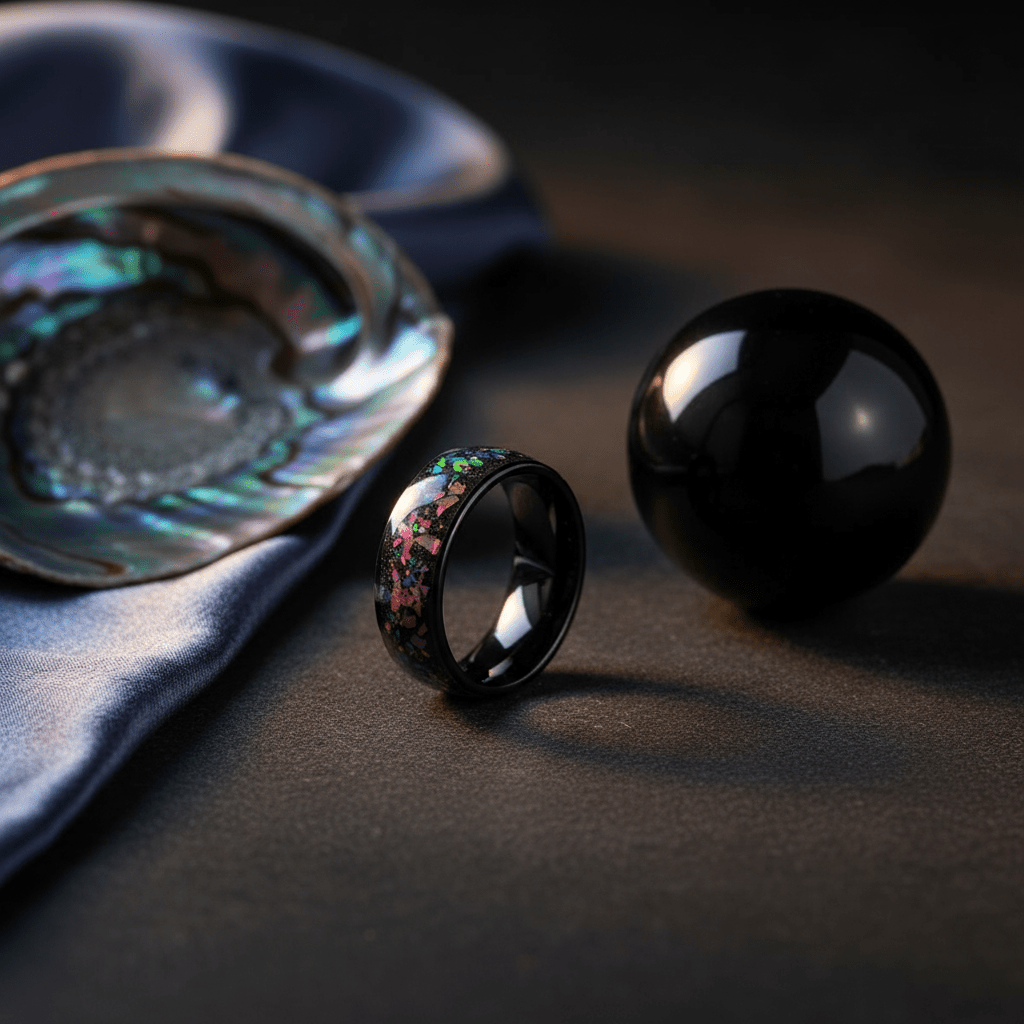 BALATON — Editorial masculine still life — men's tungsten wedding ring.