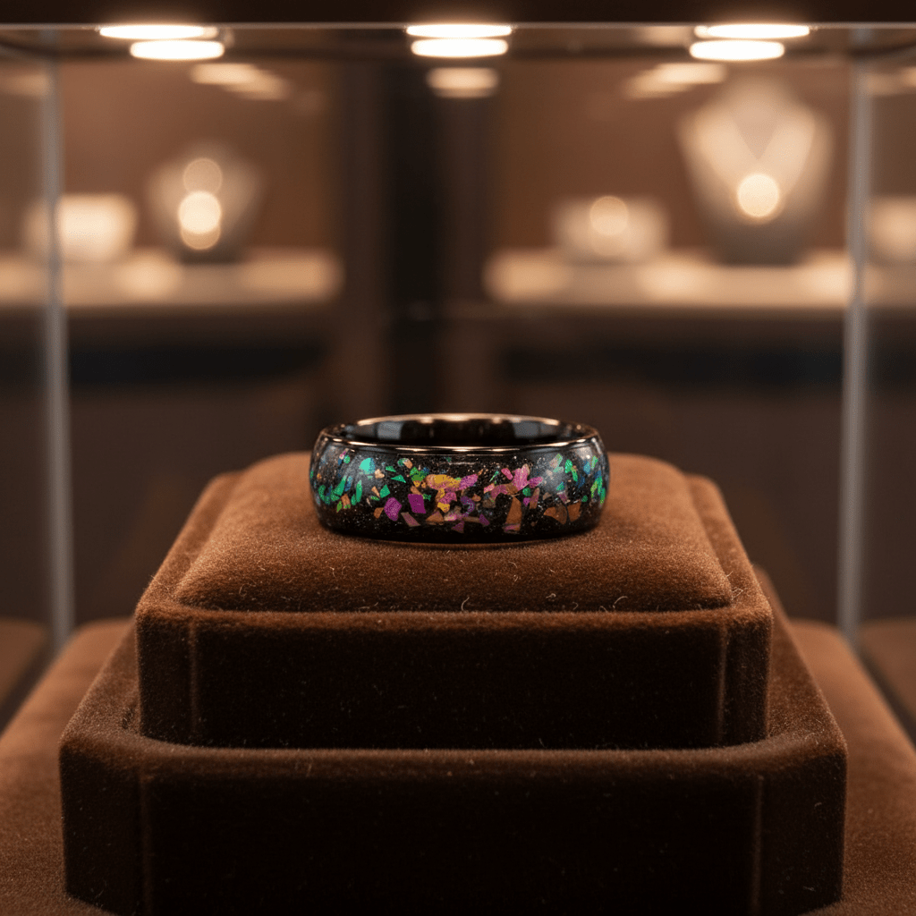 BALATON — Premium boutique display on velvet — men's tungsten wedding ring.