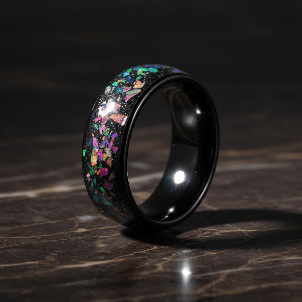 BALATON — Luxury 3/4 angle on dark marble — men's tungsten wedding ring.