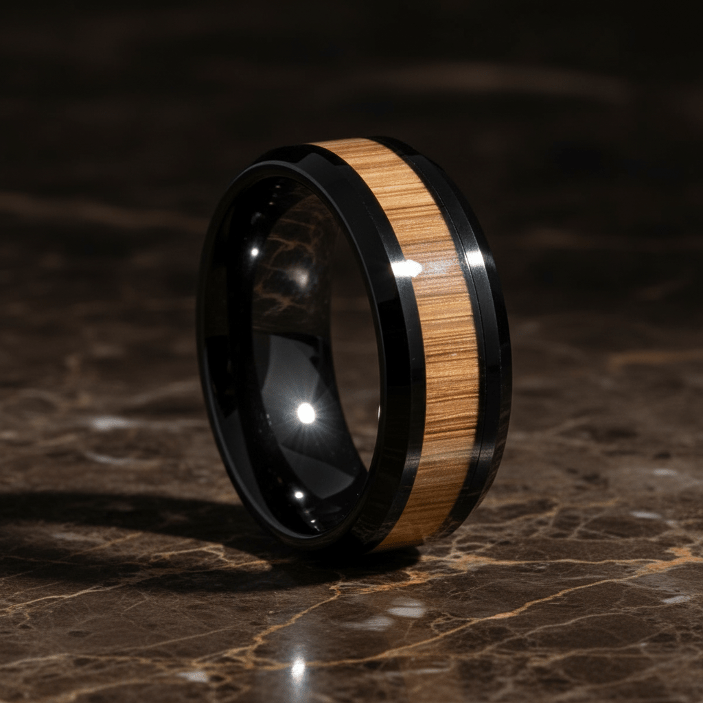 BAMBOOZLE — Luxury 3/4 angle on dark marble — men's tungsten wedding ring.