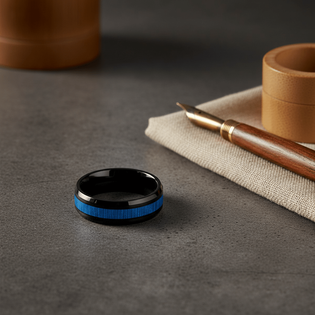 BAMBOOZLE — Editorial masculine still life — men's tungsten wedding ring.