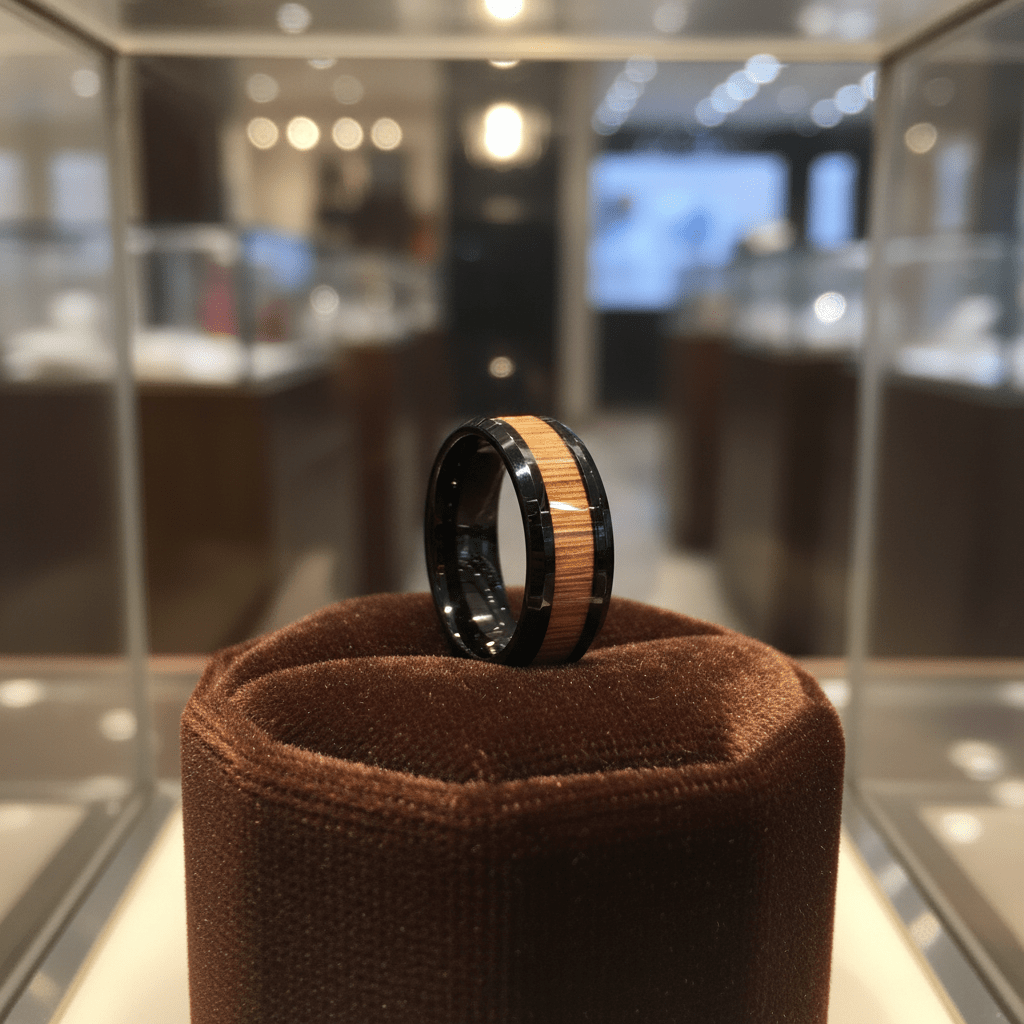 BAMBOOZLE — Premium boutique display on velvet — men's tungsten wedding ring.