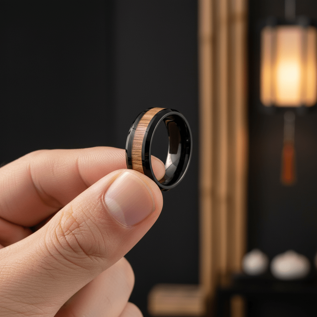 BAMBOOZLE — Held between fingers close-up — men's tungsten wedding ring.