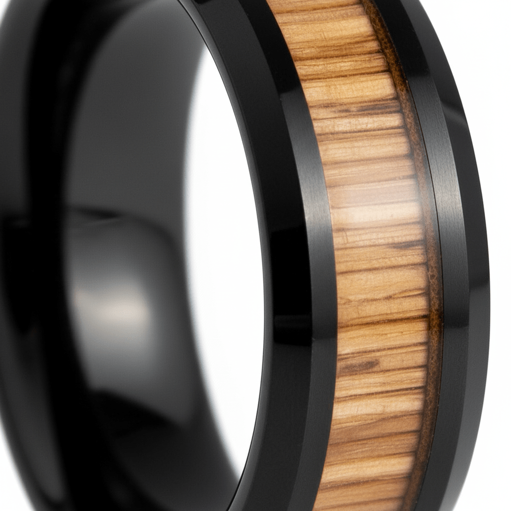 BAMBOOZLE — Extreme macro detail — men's tungsten wedding ring.