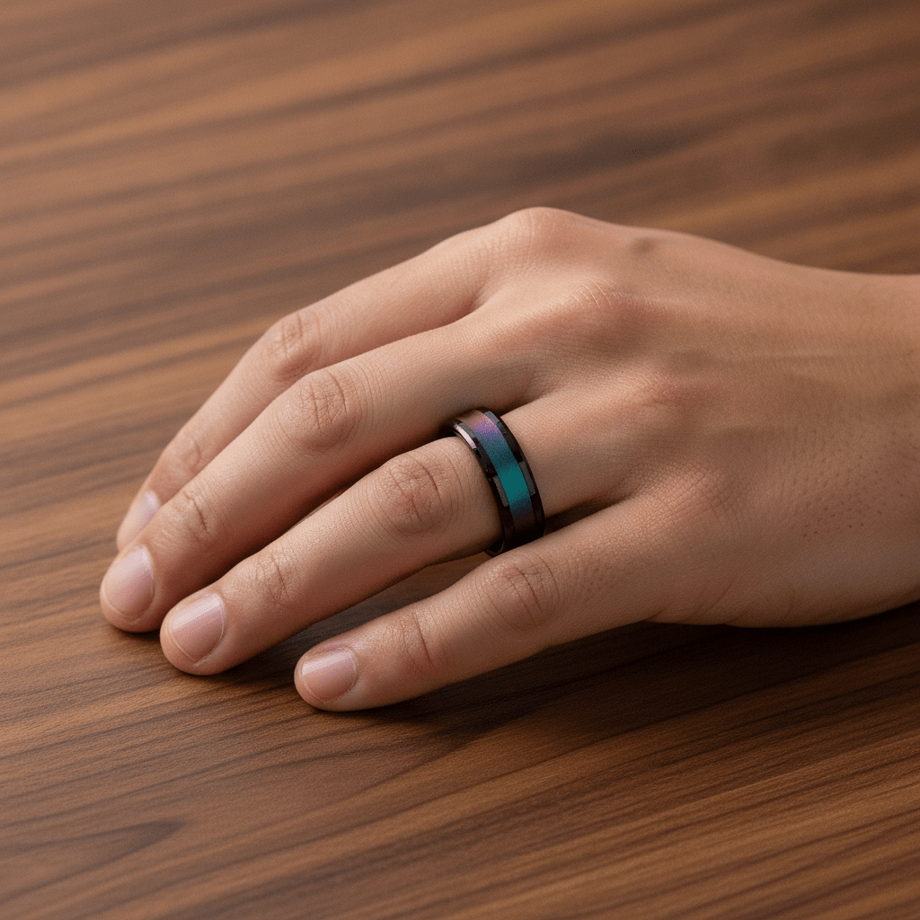 BARRACUDA black ceramic ring with purple to teal color-shifting inlay worn on man's hand resting on walnut table, lifestyle photo