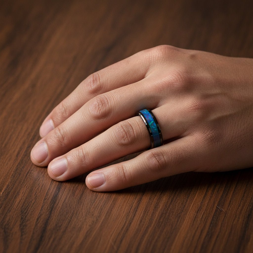 BARRACUDA black ceramic wedding band with blue and purple color-changing opal inlay running around the band and polished beveled edges worn on man's hand resting on walnut wood, lifestyle photo