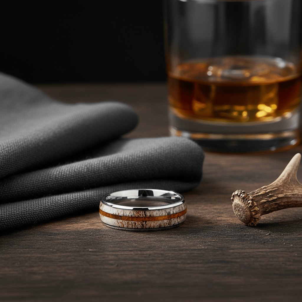 BARRELSTAG — Editorial masculine still life — men's tungsten wedding ring.