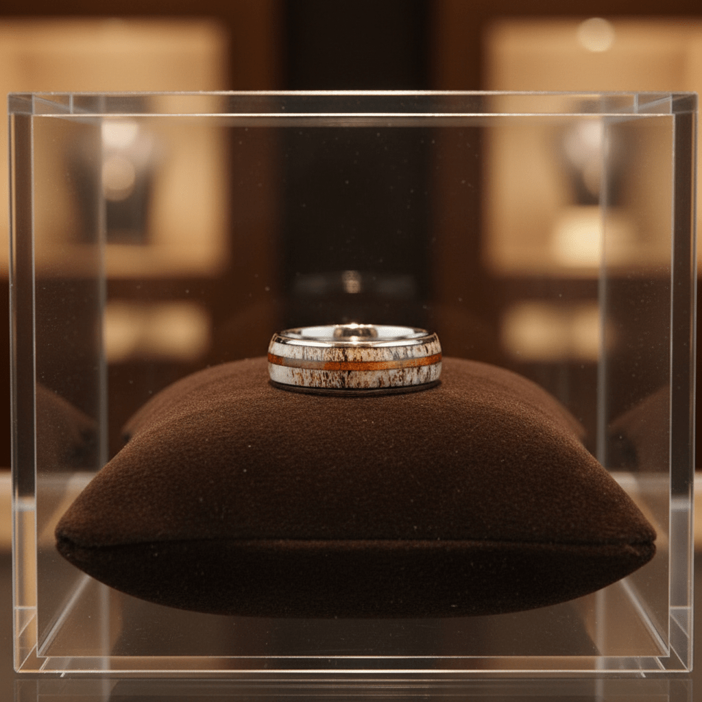 BARRELSTAG — Premium boutique display on velvet — men's tungsten wedding ring.