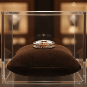BARRELSTAG — Premium boutique display on velvet — men's tungsten wedding ring.