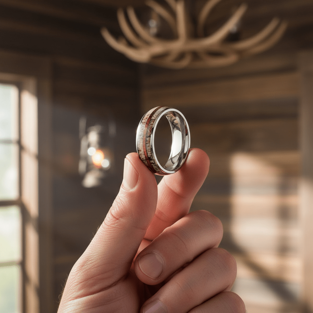 BARRELSTAG — Held between fingers close-up — men's tungsten wedding ring.