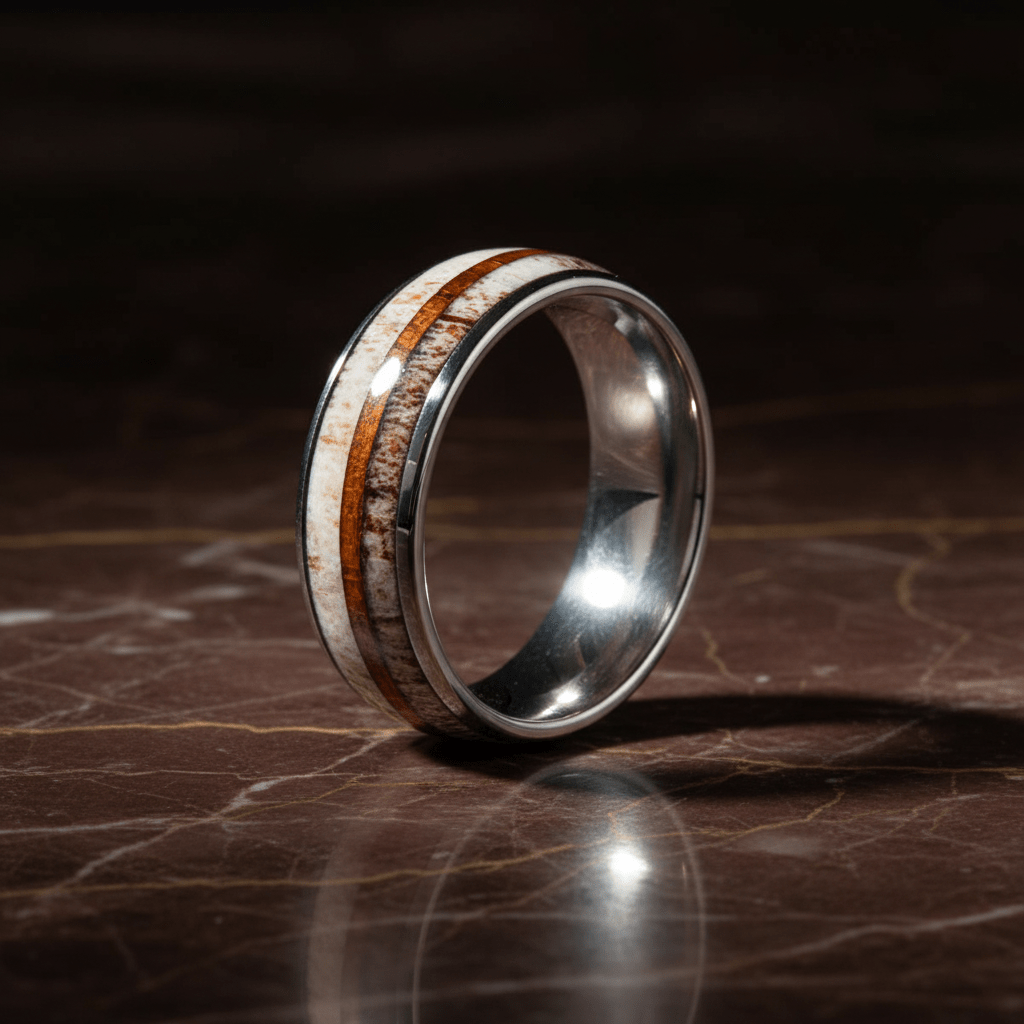 BARRELSTAG — Luxury 3/4 angle on dark marble — men's tungsten wedding ring.