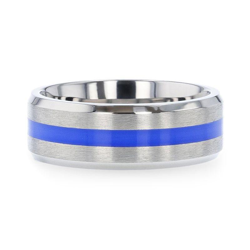 BARRY | Titanium Ring, Blue Stripe Inlay, Flat Brushed - detail view