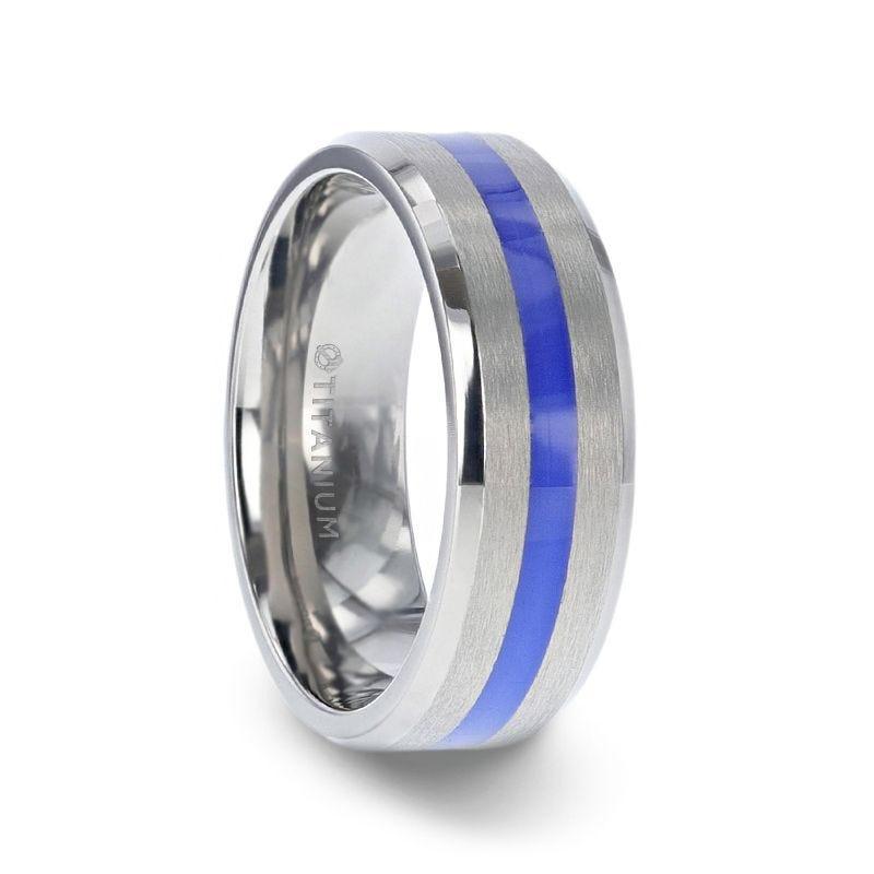BARRY | Titanium Ring, Blue Stripe Inlay, Flat Brushed - main view