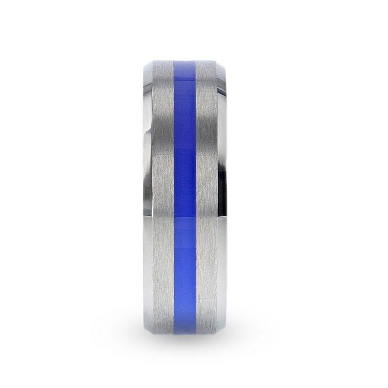BARRY | Titanium Ring, Blue Stripe Inlay, Flat Brushed - side view