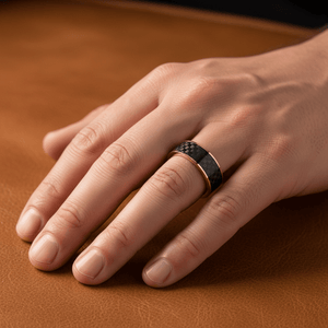 Black Carbon Fiber inlay 14k yellow gold wedding band 8mm, additional view 7