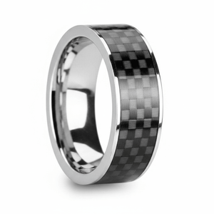 Black Carbon Fiber inlay 14k yellow gold wedding band 8mm, close-up of inlay