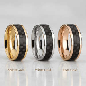 Black Carbon Fiber inlay 14k yellow gold wedding band 8mm, top view