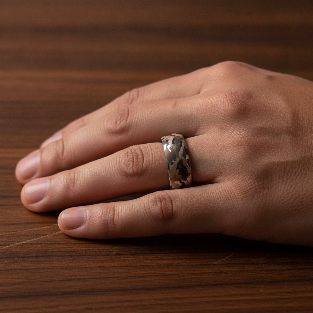 BATTALION domed silver tungsten carbide wedding band with laser engraved camouflage pattern running around the band and polished edges worn on man's hand resting on walnut wood, lifestyle photo